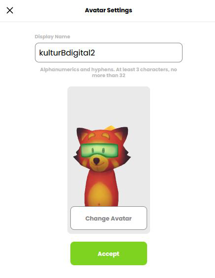 Barrieren im Menü zur Benennung und Auswahl eines Avatars bei Mozilla Hubs. Welcher Avatar vorausgewählt ist, ist per Screenreader nicht wahrnehmbar.