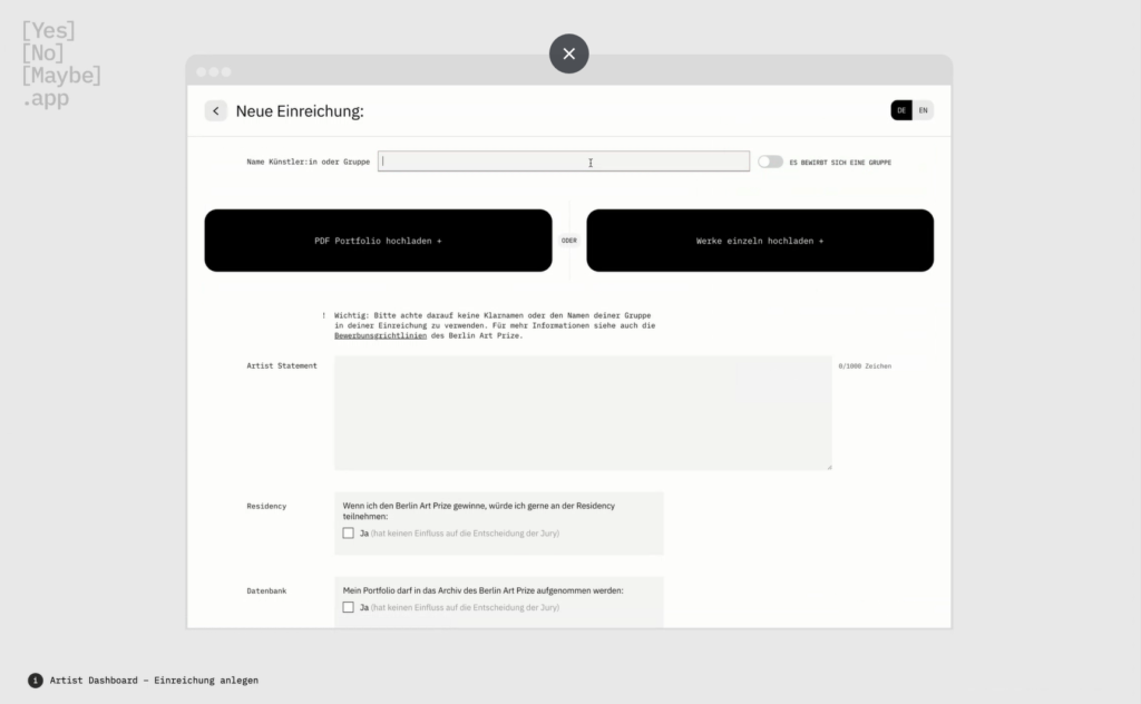 Screenshot YesNoMaybe-App: Eingabemaske zur Verwaltung von Einreichungen