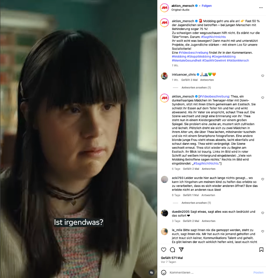 Screenshot eines Video-Posts mit Video-Beschreibung vom Instagram-Kanal der Aktion Mensch