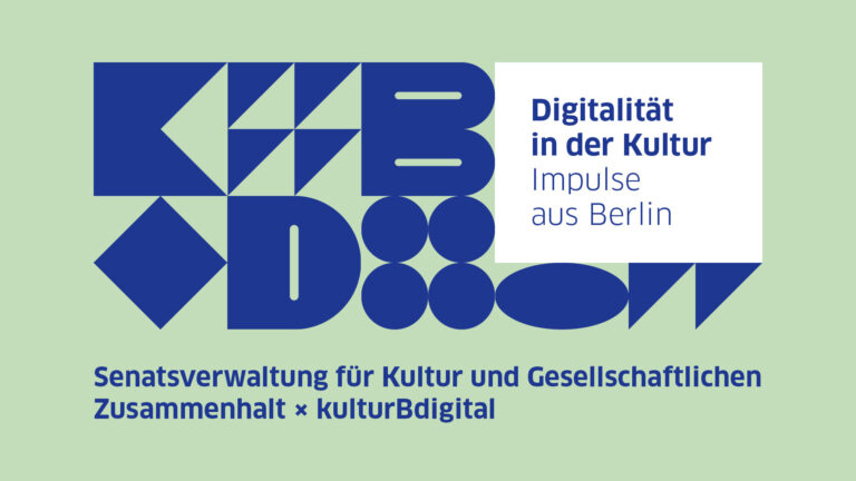 Infografik mit kulturBdigital Visual und Text Digitalität in der Kultur - Impulse aus Berlin. In einem Untertitel stehen als Absender kulturBdigital und die Senatsveraltung für Kultur und Gesellschaftlichen Zusammenhalt.