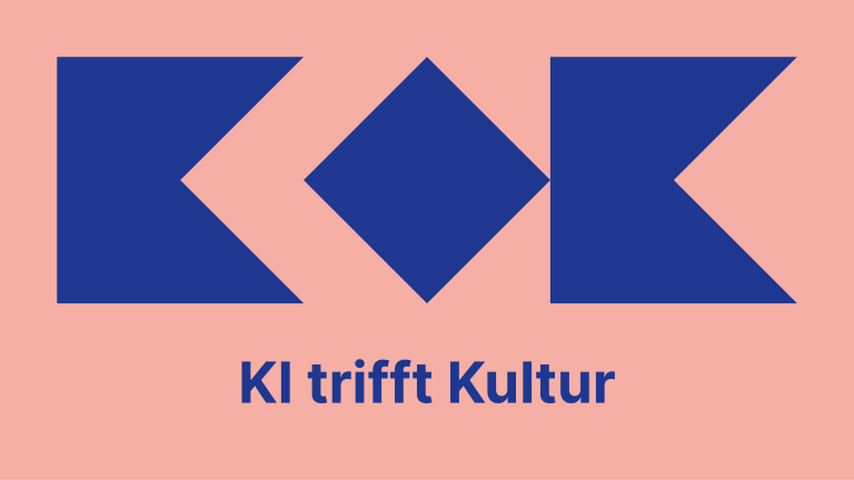 Grafik zur Reihe KI trifft Kultur mit geometrischen Grundformen in Blau auf rosa Grund