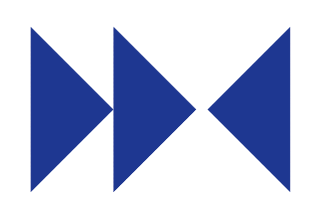 Drei blaue Dreiecke, zwei in die gleiche Richtung weisend und eines ihnen mit der Spitze zugewandt