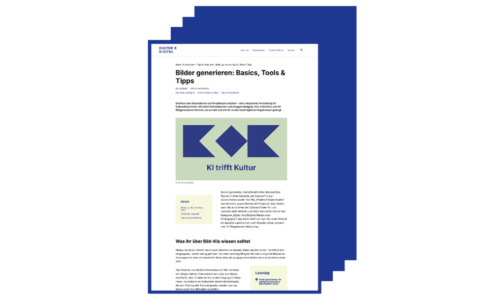 Ausschnitt aus einem Leitfaden auf der kulturBdigital-Website zum KI-gestützten Generieren von Bildern. Rechtecke hinter der Seite deuten auf weitere Leitfäden.