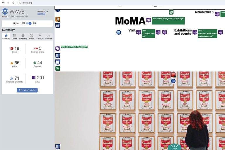 Auf der Website des MoMA hat das WAVE-Tool viele Fehler gefunden. Mehr zum WAVE-Tool im Abschnitt "Kostenlose Tools für automatische Tests".