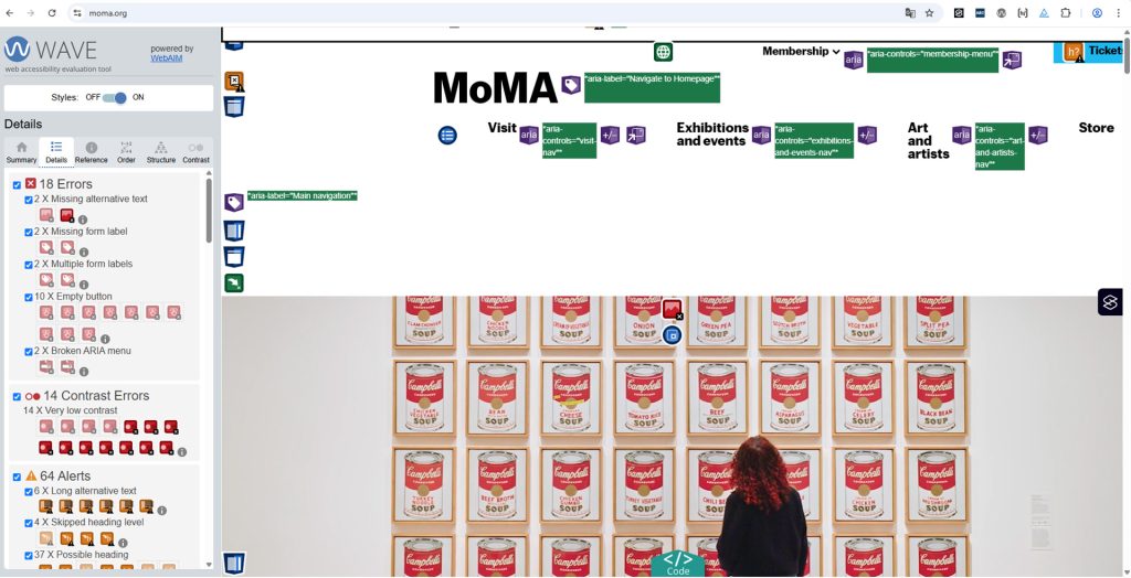 Auf der Website des MoMA hat das WAVE-Tool viele Fehler gefunden. Mehr zum WAVE-Tool im Abschnitt "Kostenlose Tools für automatische Tests".