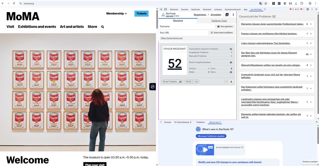 Auf der Website des MoMA hat AxeDevTools viele Fehler gefunden. Mehr zu Oberfläche und Funktionsweise des Tools im folgenden Text.
