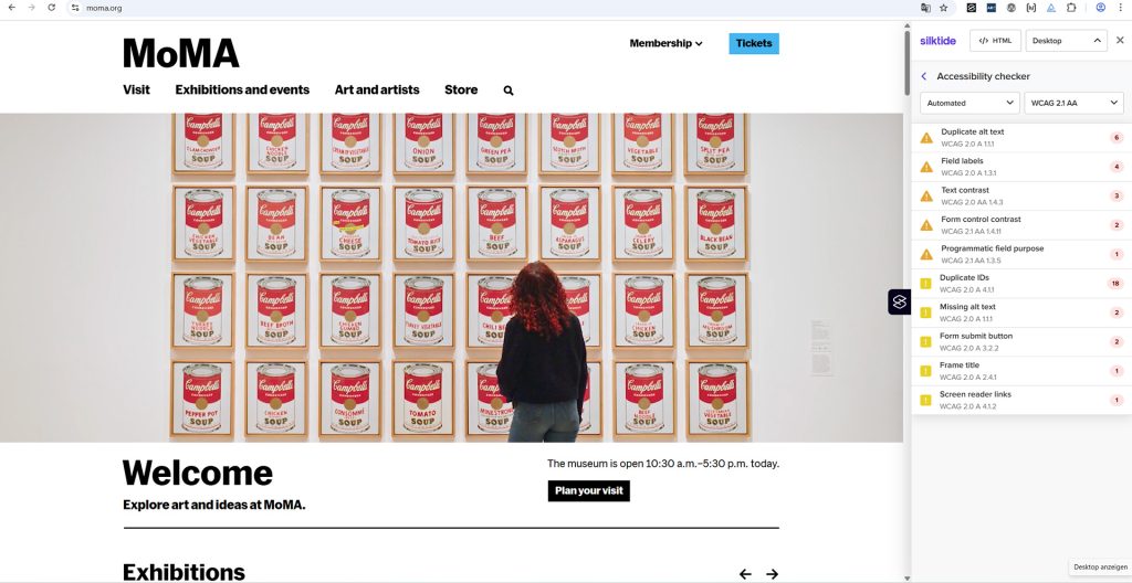 Auf der Website des MoMA hat der Silktide Accessibility Checker viele Fehler gefunden. Mehr zu Oberfläche und Funktionsweise des Tools im folgenden Text.