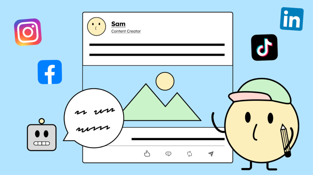 Eine kreisförmige, gelbe Comicfigur zeigt auf einen Social-Media-Post.