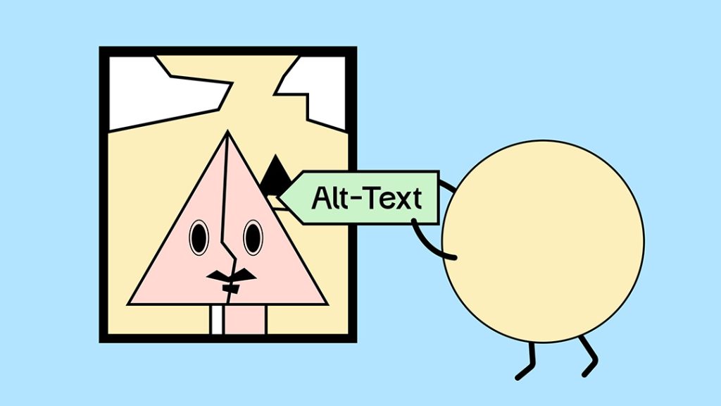 Eine gelbe, runde Comicfigur klebt ein Alt-Text-Etikett an ein abstraktes Bild.