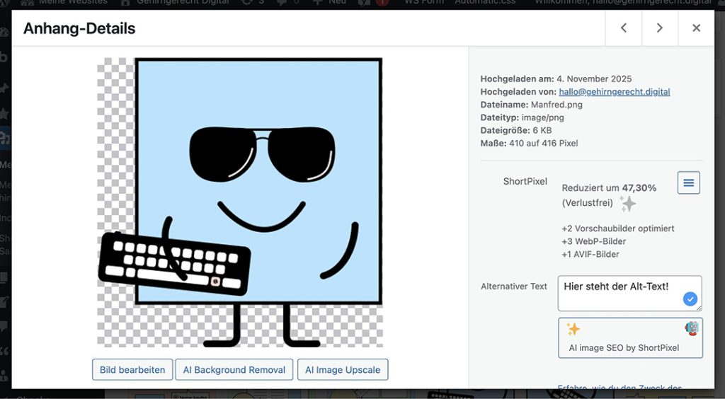 Wordpress-Screenshot, der ein Bild und die dazugehörige Alt-Text-Box daneben zeigt.